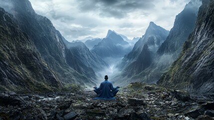 Fototapeta premium Celestial being practices qi cult in sacred valley nature scene serene landscape spiritual viewpoint