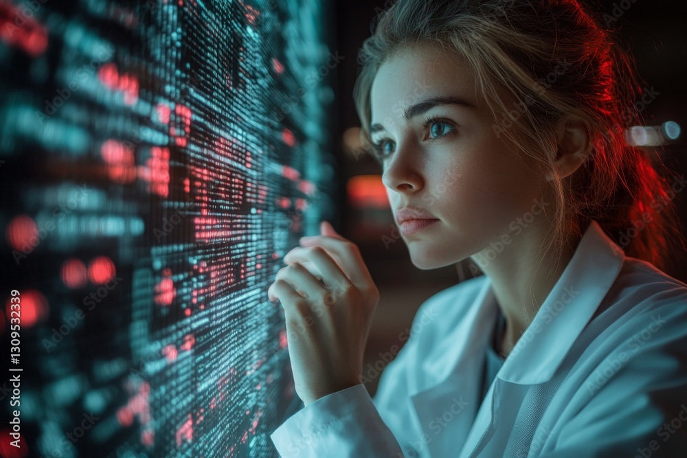Poster Young scientist analyzing data on a digital display in a laboratory at night