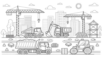 Fototapeta premium Construction Site Outline with Cranes, Excavators, and Dump Trucks in Urban Landscape for Architecture and Engineering Projects