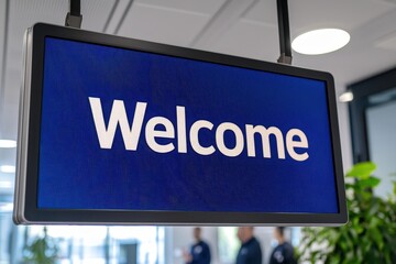 Large Digital Welcome Message Displayed in Modern Office Environment
