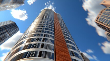 Low angle view of a modern cylindrical skyscraper with copper and white facade against a bright blue sky with clouds. The building's design is sleek and futuristic, showcasing architectural details.