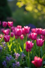 A profusion of purple tulips and verdant foliage in a spring garden , beautiful, flora, detail