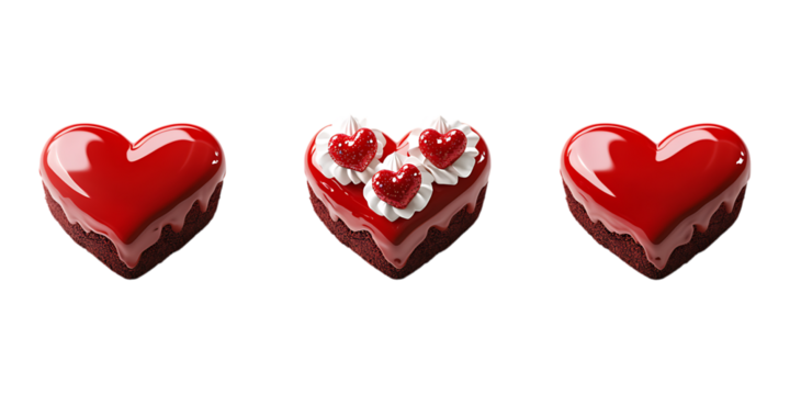 Set of Realistic Red Valentine Day Heart Cakes in Different Styles PNG Against Transparent Background for Romantic Branding, Dessert Advertising, or Love-Themed Designs - Powered by Adobe