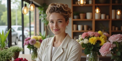 Fototapeta premium Smiling Florist Among Vibrant Blooms: A Portrait of Serenity and Floral Expertise in a Sunny Shop