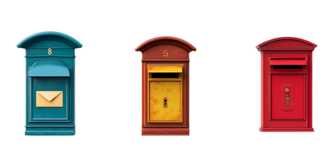 Set of Realistic Post Boxes and Letter Boxes in Different Styles PNG Against Transparent Background for Postal Branding, Mailbox Designs, or Vintage Lettering Themes