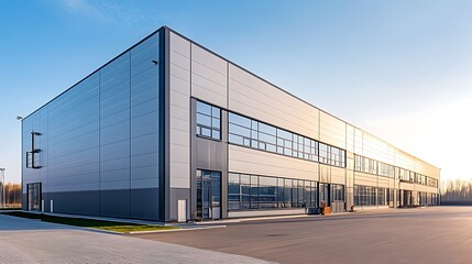Obraz premium Modern Industrial Building Exterior with Blue Sky and Reflected Windows
