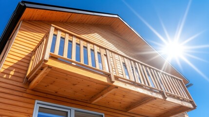 Low angle view of a modern wooden house with a balcony on a sunny day. The building is made of light brown wood with a dark gray roof. The sun shines brightly in the background.