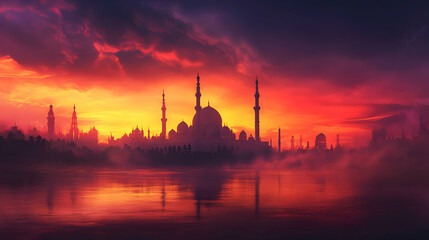 Naklejka premium Mosque Silhouette at Sunset, Beautiful Red and Orange Sky Over Water
