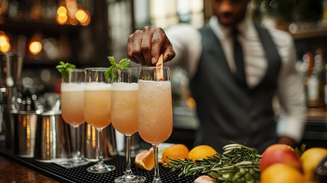Bartender serving signature cocktails with fresh ingredients and garnishes, showcasing vibrant atmosphere in stylish bar setting