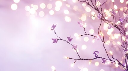 Fototapeta premium Delicate Branches with Glimmering Fairy Lights and Soft Lavender Background