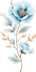 Delicate Light Blue Watercolor Flower with Brown Stems and Leaves