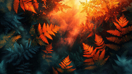 Vibrant autumn ferns in a mystical forest nature photography colorful foliage atmospheric light