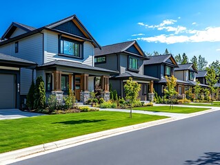 Row of modern houses on sunny street.