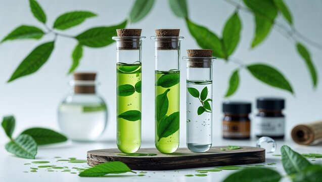 Test tubes filled with green liquids and leaves on a wooden surface in a botanical lab setup during daylight