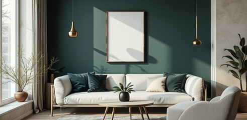 white sofa with teal pillows in a sunlit living room with green walls