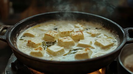 Delicious Creamy Paneer Indian Dish Cooking in Cast Iron Pan Homemade Food Recipe Restaurant Style Spicy Cuisine Aromatic Flavorful Authentic Indian  