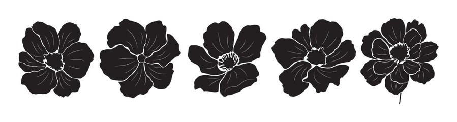 Silhouettes of black flowers with a white background. The flowers are all different sizes and shapes. The image has a monochromatic color scheme, which gives it a simple and elegant look