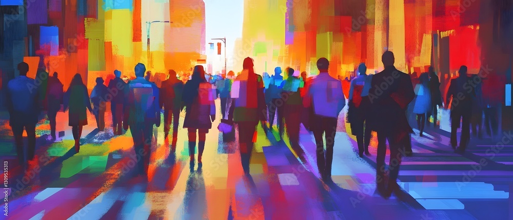 Aufkleber vibrant and dynamic cityscape with colorful silhouettes of pedestrians in a fast paced urban movemen