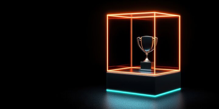 Economic Windfall concept. A glowing trophy displayed in a sleek, illuminated case, symbolizing achievement and victory in a dark setting.