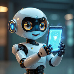 A friendly robot holding a holographic smartphone and taking a selfie