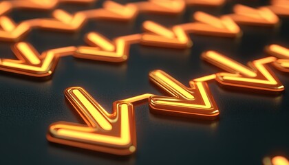 Economic Windfall concept. A vibrant pattern of glowing orange arrows pointing downwards on a dark background, creating a dynamic and modern visual effect.