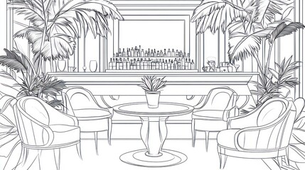 Interior Bar with Tropical Plants, Elegant Design, Background Illustration