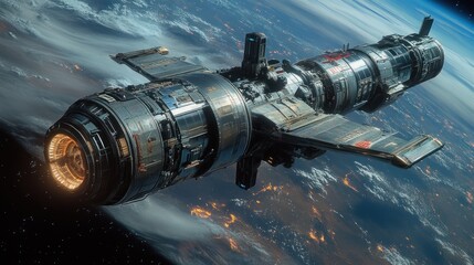 Fototapeta premium Spaceship orbiting Earth at night with engine glow