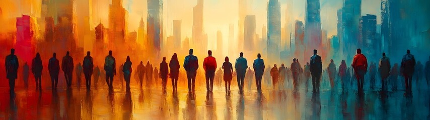 Fototapeta premium Vibrant cityscape of bustling commuters walking through the streets of a dynamic urban metropolis at sunset The silhouettes of people against the colorful sky create a dramatic and futuristic scene