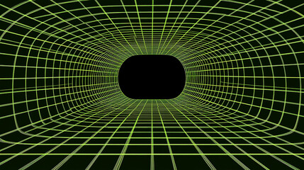 Abstract green tunnel with grid pattern leading into a dark void, suggesting depth and movement