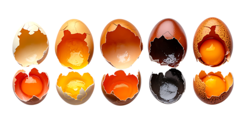 Set of Realistic Cracked Brown Eggs from Front and Top View PNG Against Transparent Background for Food Branding, Cooking Illustrations, or Culinary Designs