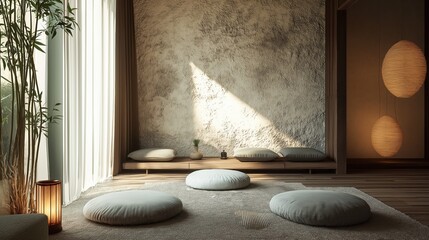 Modern and minimalist living room with a large window on the left side. the window has white curtains that let in natural light and offers a view of the greenery outside.