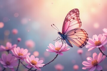 Delicate butterfly wings dance on a dreamy pastel floral backdrop , photo, wallpaper