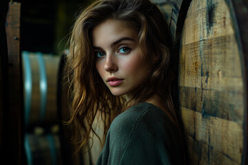 Natural Beauty Portrait Among Barrels