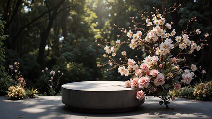 A serene garden scene featuring a circular stone platform adorned with beautiful pink and white flowers, surrounded by lush greenery and soft sunlight.