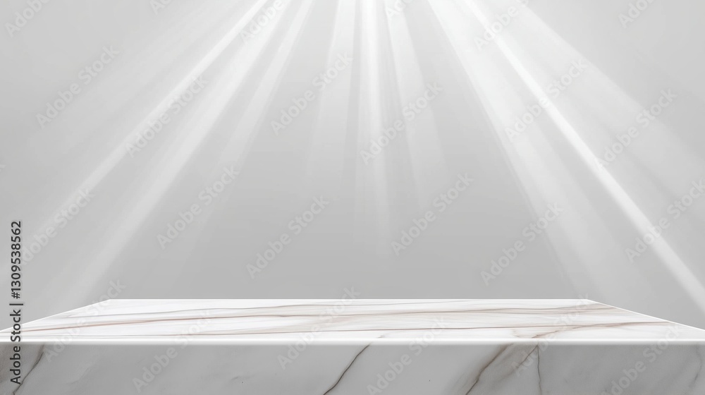 Aufkleber Elegant marble table top with light gray background for product display and presentation. Minimalist white wall with copy space and soft bokeh lights. High-resolution 3D render with super detail and w