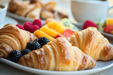 close-up of elegantly plated breakfast spread featuring golden croissants fresh fruits and steaming coffee