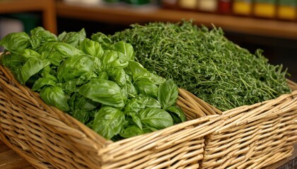 Naklejka premium Discover the vibrant world of Fresh herbs and leafy greens in a basket, highlighting botanical variety and culinary richness with this stunning stock photo Explore the textures and colors of basil