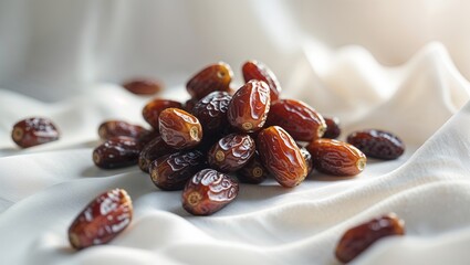 Obraz premium Fresh dates scattered on white fabric creating a natural, harvest-inspired arrangement