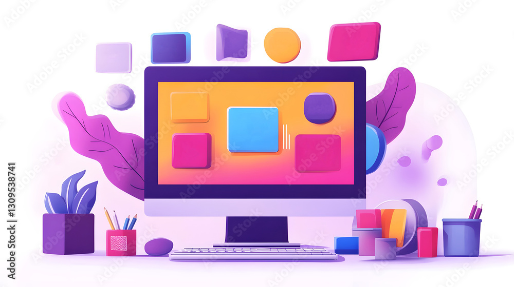 Poster vibrant digital workspace with a variety of multimedia icons interface elements and technological de