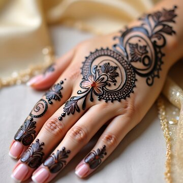 Henna tattoo design on a bride's hands with traditional Indian wedding decorations and gold jewelry