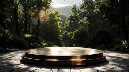 Obraz premium A serene forest scene featuring a circular platform surrounded by lush greenery, illuminated by sunlight filtering through the trees.