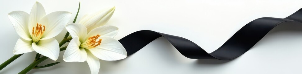 Fototapeta premium Elegant black ribbon entwined with pristine white lilies , grief, serenity, death