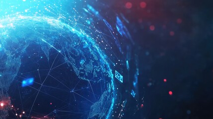 Global digital connectivity concept with floating email icons.