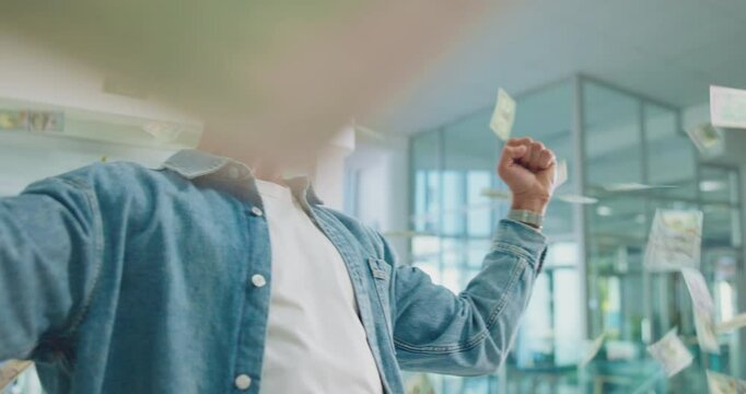 Money rain, success and man celebrate winning lotto, prize and victory in creative startup office. Cash, reward and excited business person cheers for financial freedom, rich and wealth with dollars