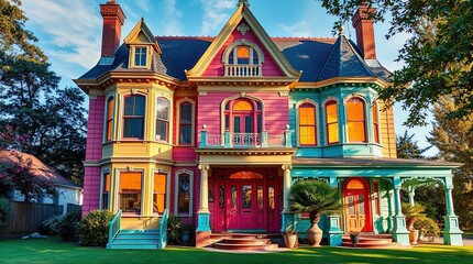 Obraz premium Colorful Victorian vintage mansion with pink and yellow facade and blue roof - for architectural blogs, historical preservation websites, real estate listings, and heritage tourism