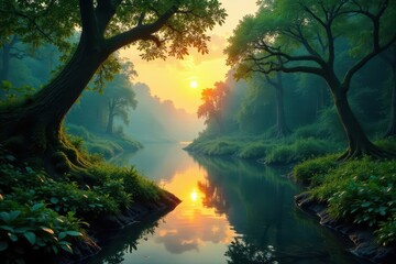 Fototapeta premium Emerald rainforest, moss-draped trees, vibrant sunset reflection, photography, moss, fog
