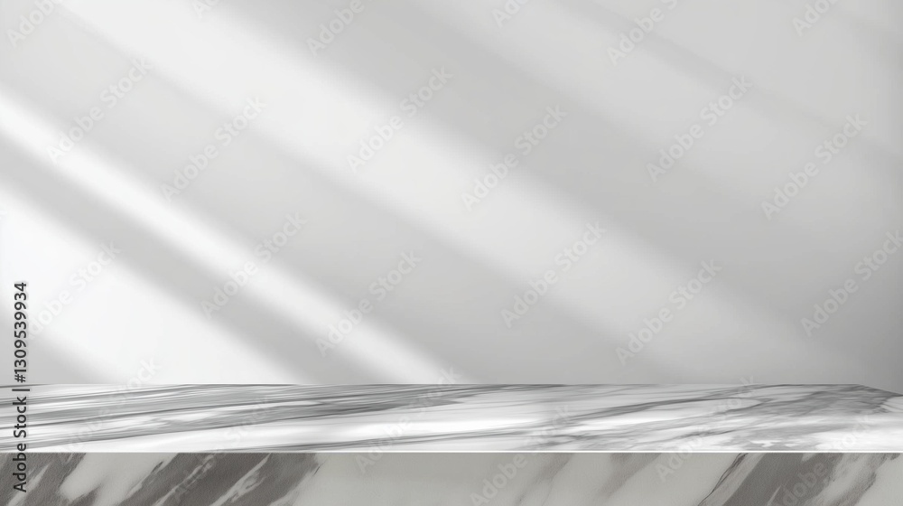 Aufkleber Elegant marble table top with light gray background for product display and presentation. Minimalist white wall with copy space and soft bokeh lights. High-resolution 3D render with super detail and w
