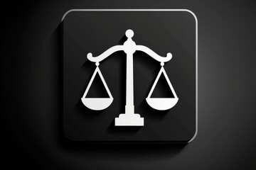 A minimalist icon of a balanced scale, symbolizing justice and law, set against a dark background.