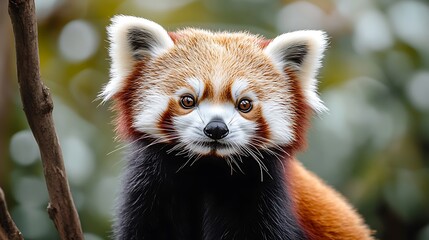 Red Panda Portrait Captures Intense Stare Amidst Green Nature Backdrop