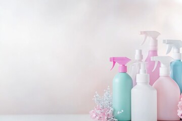 neatly organized row of various colorful household chemical bottles with spray nozzles or caps set against soft blurred
